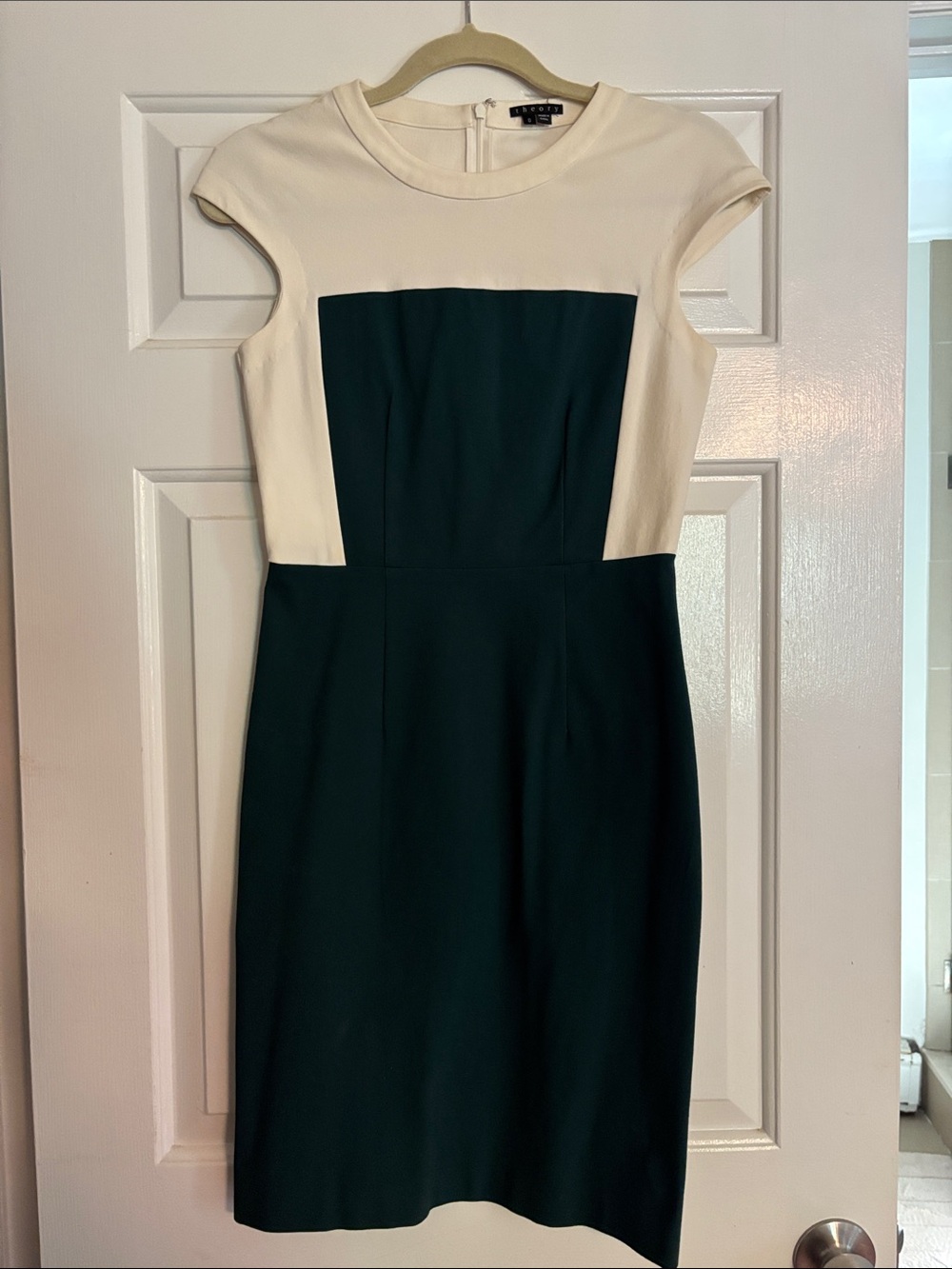 Theory Cream and Dark Green Cap-Sleeve Colorblock Midi Dress